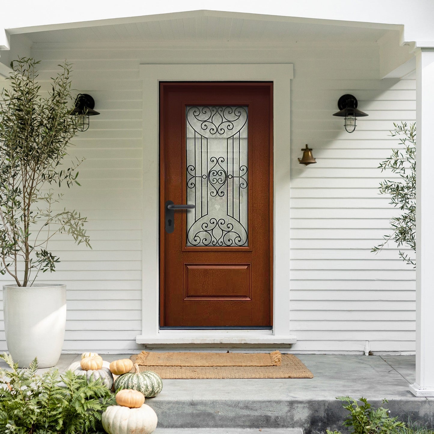 Jupiter 36 in. x 80 in. 3/4 Lite Decorative Glass Stained Light Brown Prehung Fiberglass Exterior Door with Brickmold