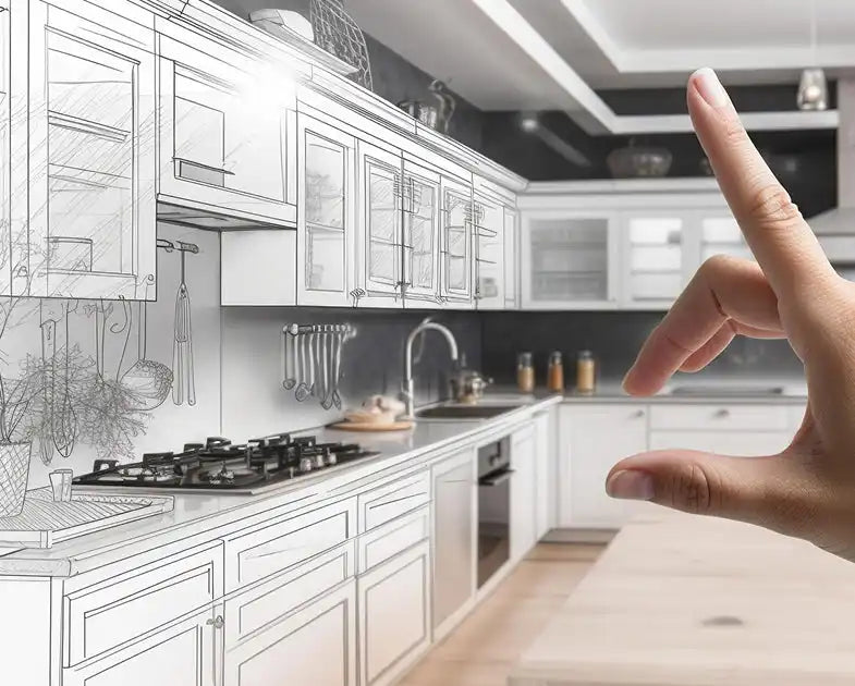 A kitchen design transitioning from blueprint sketch to reality