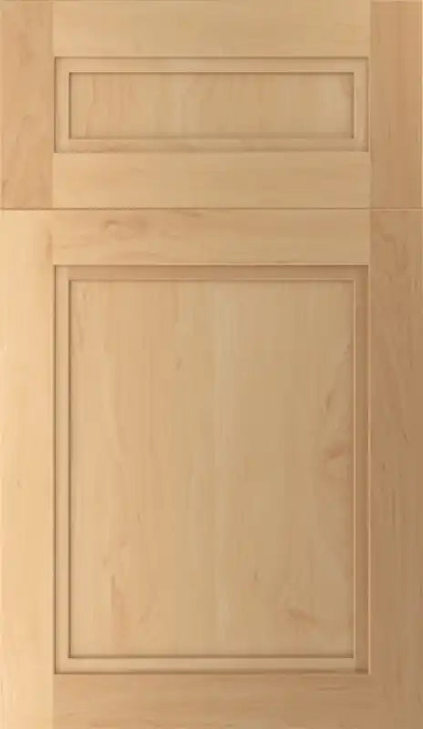 Light-colored wooden kitchen cabinet door with two recessed panels.