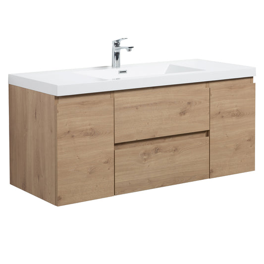 48" Wall Mount Single Bathroom Vanity in Oak with White Integrated Sink LV13-48
