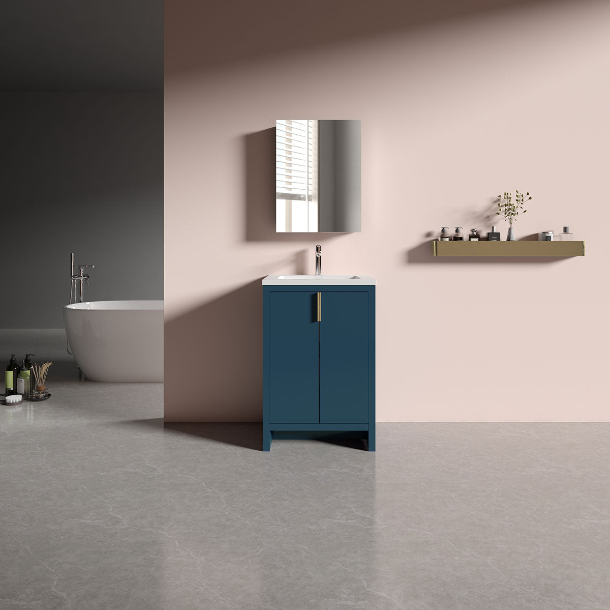 24" Freestanding Single Bathroom Vanity in Blue with White Quartz Integrated Sink LV14-24B