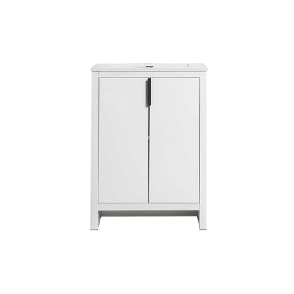 24" W Freestanding Single Bathroom Vanity in White Gloss with Quartz Integrated Sink LV14-24W