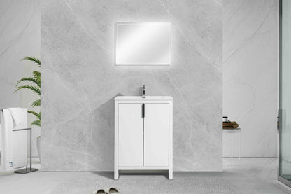 24" W Freestanding Single Bathroom Vanity in White Gloss with Quartz Integrated Sink LV14-24W
