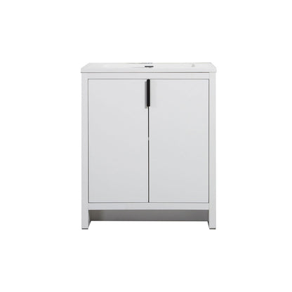 30" W Freestanding Single Bathroom Vanity in White Gloss with Quartz Integrated Sink LV14-30W