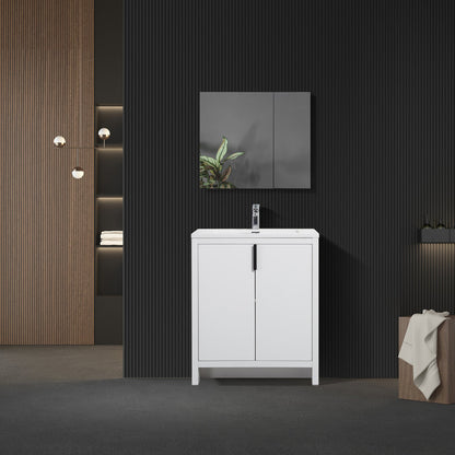 30" W Freestanding Single Bathroom Vanity in White Gloss with Quartz Integrated Sink LV14-30W