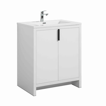 30" W Freestanding Single Bathroom Vanity in White Gloss with Quartz Integrated Sink LV14-30W