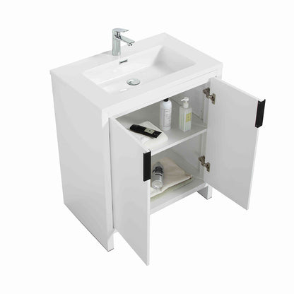 30" W Freestanding Single Bathroom Vanity in White Gloss with Quartz Integrated Sink LV14-30W