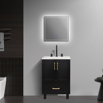 24" Freestanding Bathroom Black Vanity with Quartz Countertop