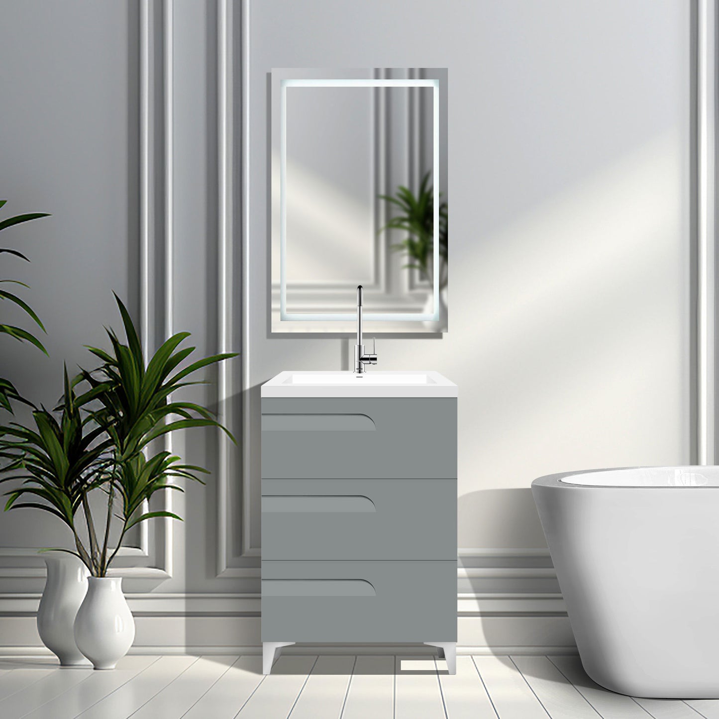 24" Freestanding Single Sink Bathroom Vanity in Gray Gloss with Square Counter Top LV7B-24G