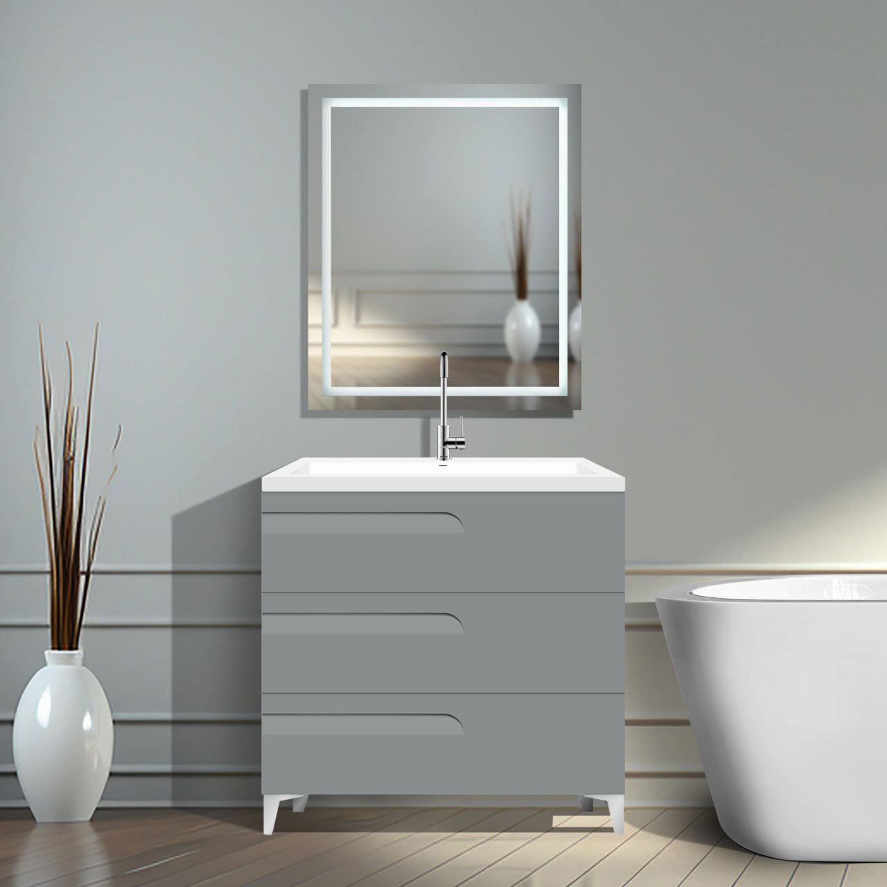 36" Freestanding Single Sink Bathroom Vanity in Gray Gloss with Square Counter Top LV7B-36G