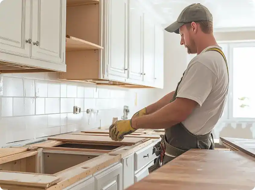 A man installing kitchen cabinets and countertops.