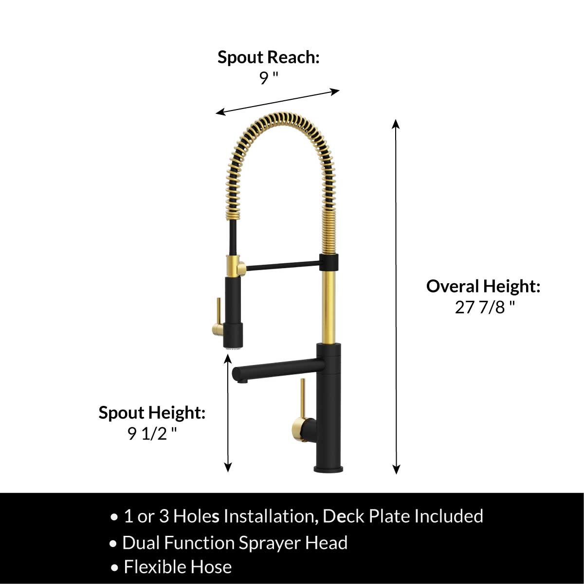 Modern Spring-Type Kitchen Faucet LK19MG Matte Black with Gold Accent - Faucets