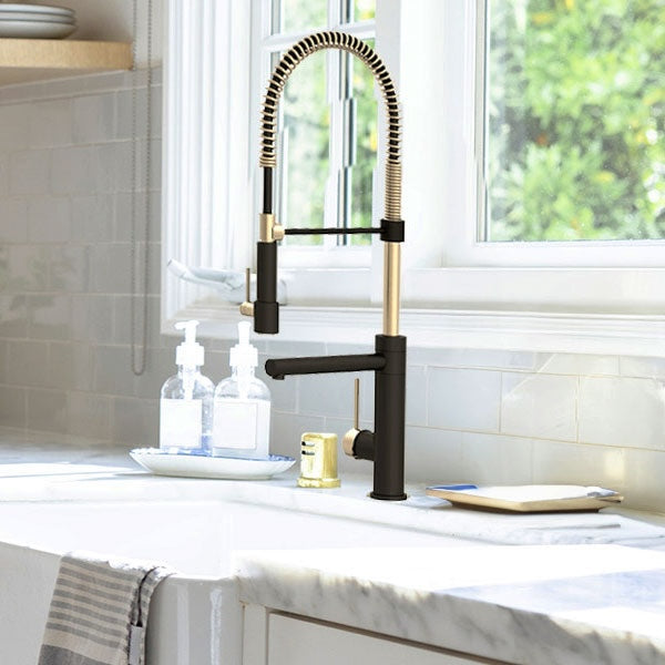 Modern Spring-Type Kitchen Faucet LK19MG Matte Black with Gold Accent - Faucets