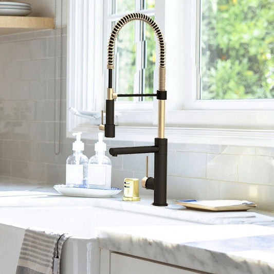 Modern Spring-Type Kitchen Faucet LK19MG Matte Black with Gold Accent - Faucets
