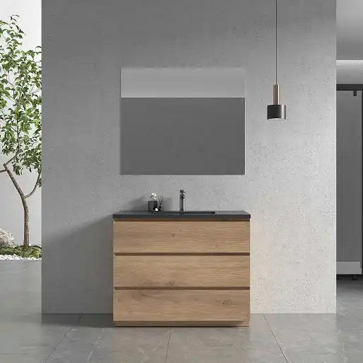 Modern wooden bathroom vanity with a black countertop and integrated sink.