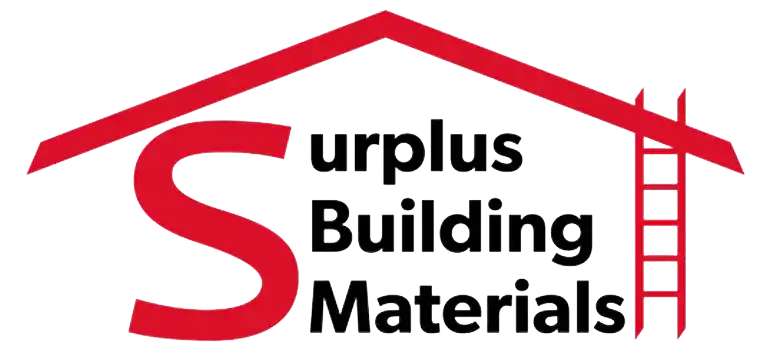 Red and black logo with a roof and ladder design for a building materials company.