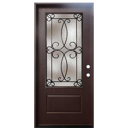 Ulysses 36 in. x 80 in. 3/4 Lite Decorative Glass Stained Dark Walnut Prehung Fiberglass Exterior Door with Brickmold