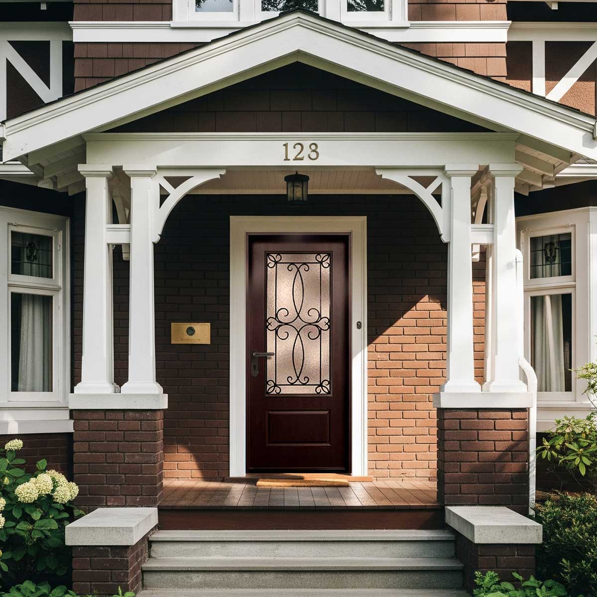 Ulysses 36 in. x 80 in. 3/4 Lite Decorative Glass Stained Dark Walnut Prehung Fiberglass Exterior Door with Brickmold