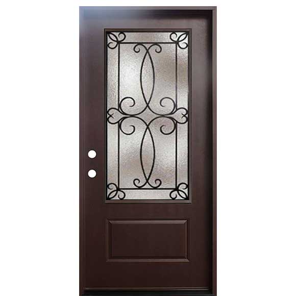 Ulysses 36 in. x 80 in. 3/4 Lite Decorative Glass Stained Dark Walnut Prehung Fiberglass Exterior Door with Brickmold