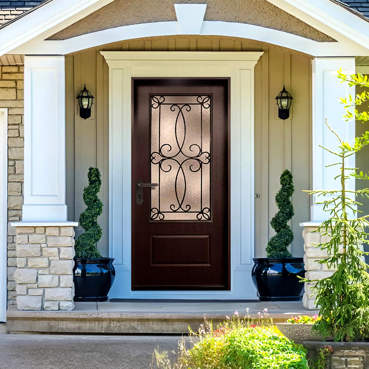 Ulysses 36 in. x 80 in. 3/4 Lite Decorative Glass Stained Dark Walnut Prehung Fiberglass Exterior Door with Brickmold