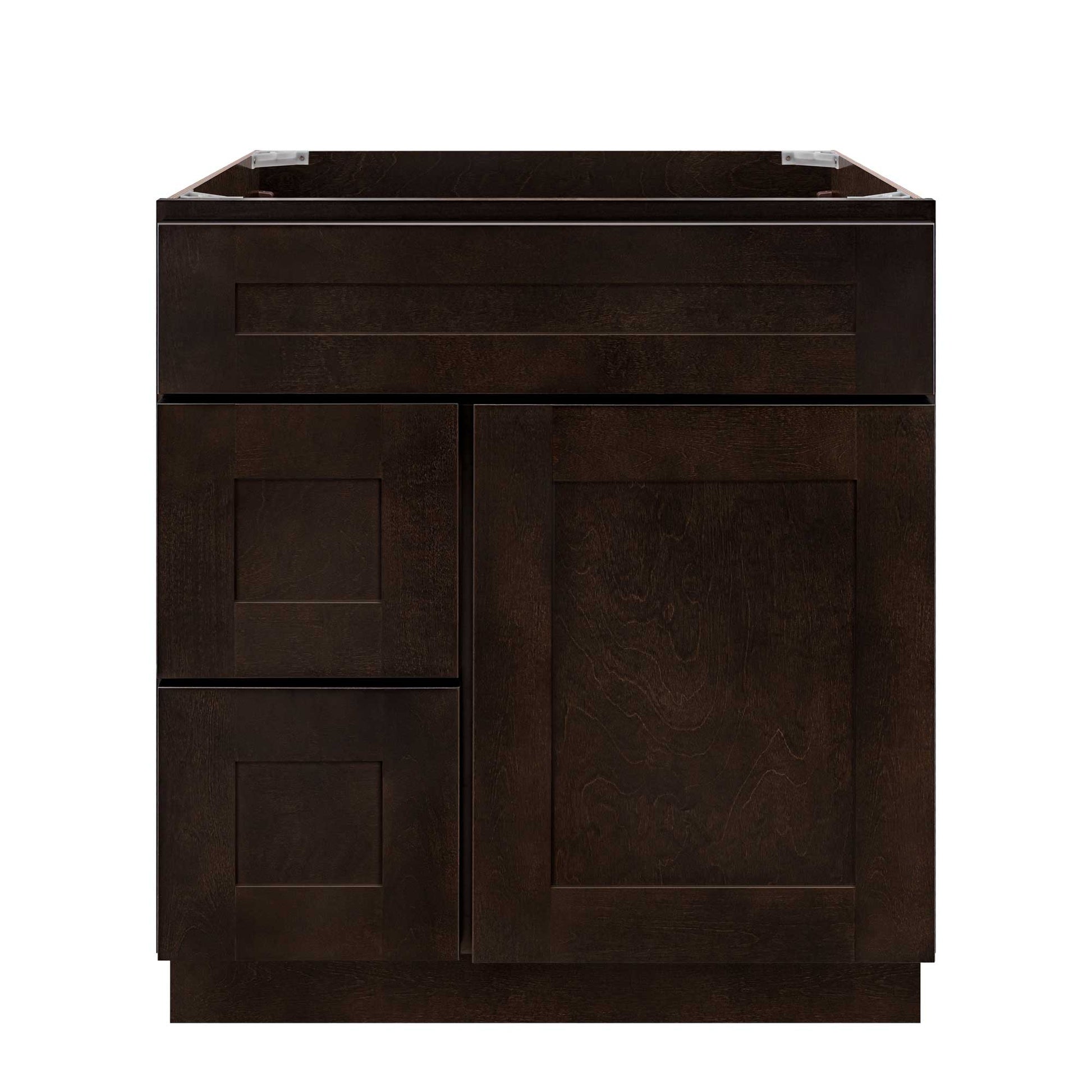Vanity Sink Base Cabinet with Left Drawers 30 Inch Wide x 21 Inch Deep x 34 1/2 Inch High Espresso Shaker Series