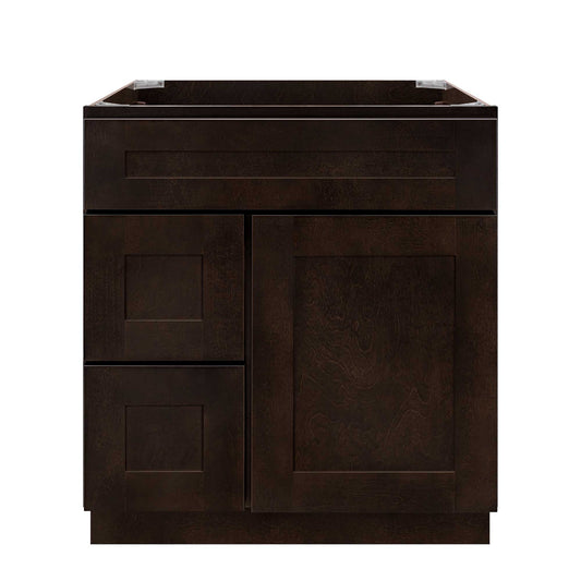 Vanity Sink Base Cabinet with Left Drawers 30 Inch Wide x 21 Inch Deep x 34 1/2 Inch High Espresso Shaker Series