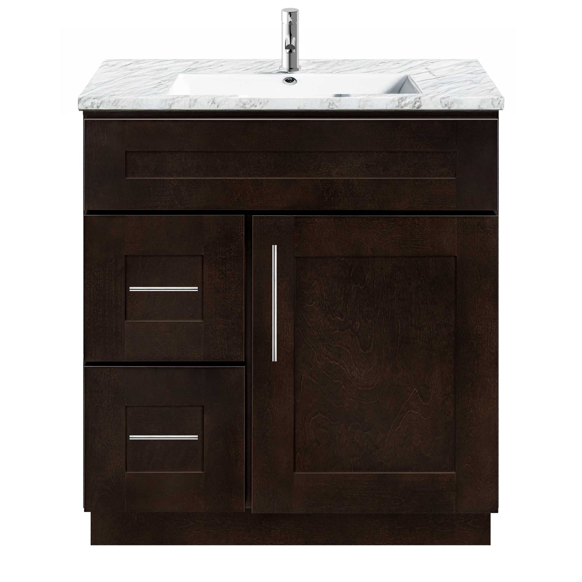 Vanity Sink Base Cabinet with Left Drawers 30 Inch Wide x 21 Inch Deep x 34 1/2 Inch High Espresso Shaker Series