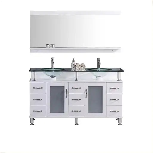 White double vanity with glass vessel sinks, clear countertop, and matching wall mirror.