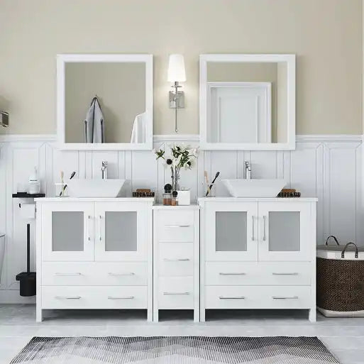 White double vanity with vessel sinks and framed mirrors