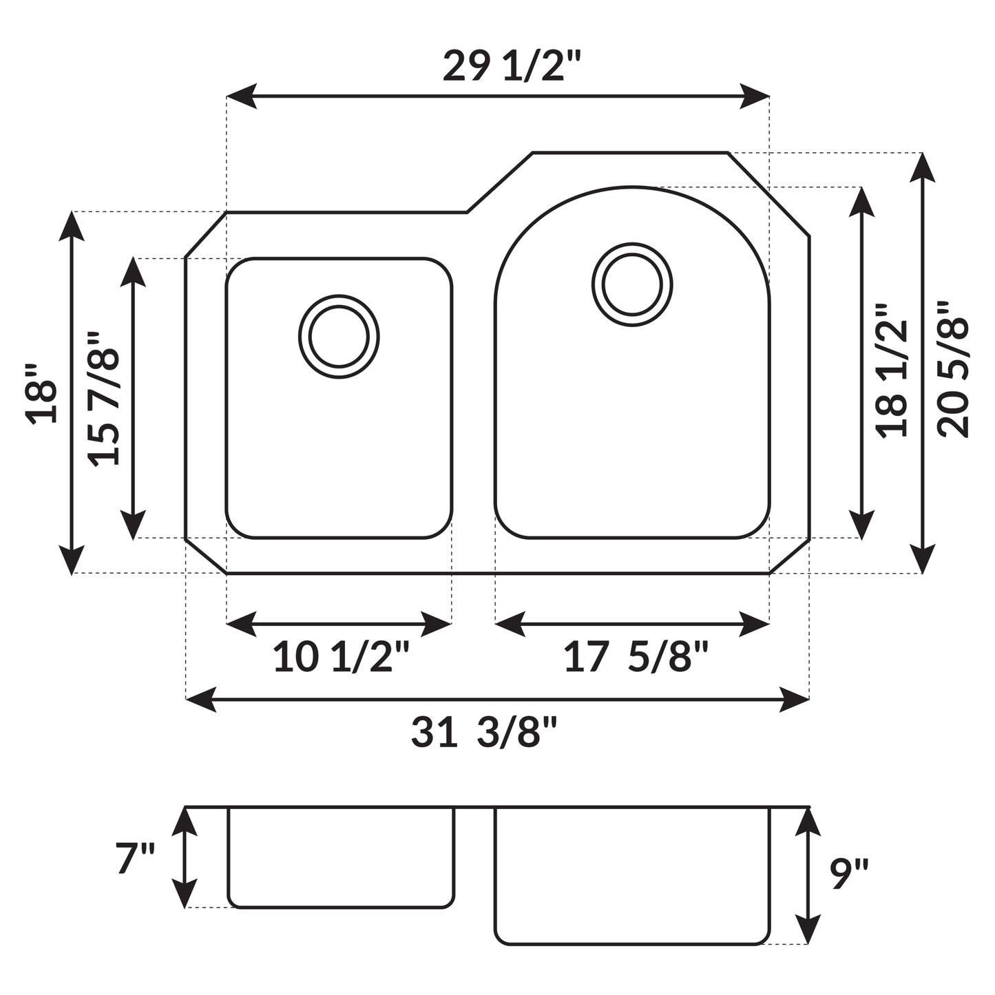 31 in Undermount Stainless Steel 40/60 Double Bowl Kitchen SinkL 201L