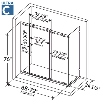 68-72 W x 76 H  x 34 1/2 D Sliding Shower Enclosure ULTRA-C Gold