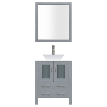 36" Modern Vanity Sink Base with Mirror and Vessel Sink (Gray)