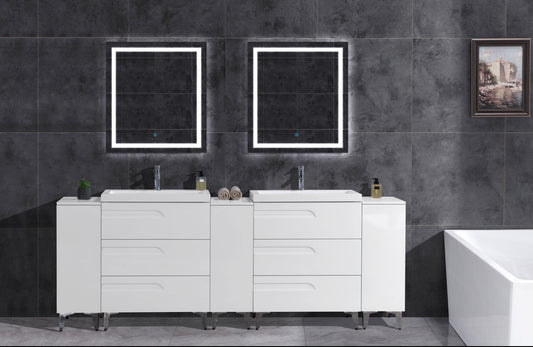 96" Freestanding Vanity Set in White Gloss with Two Square Sinks (LV7-C20B-96W) Style 7