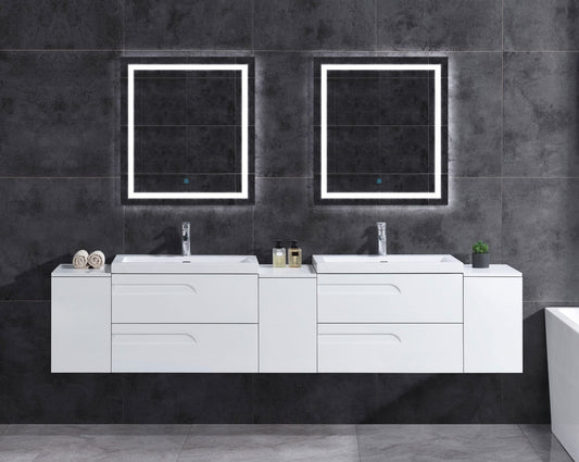96" Freestanding Vanity Set in White Gloss with Two Square Sinks (LV7-C20W-96W) Style 7