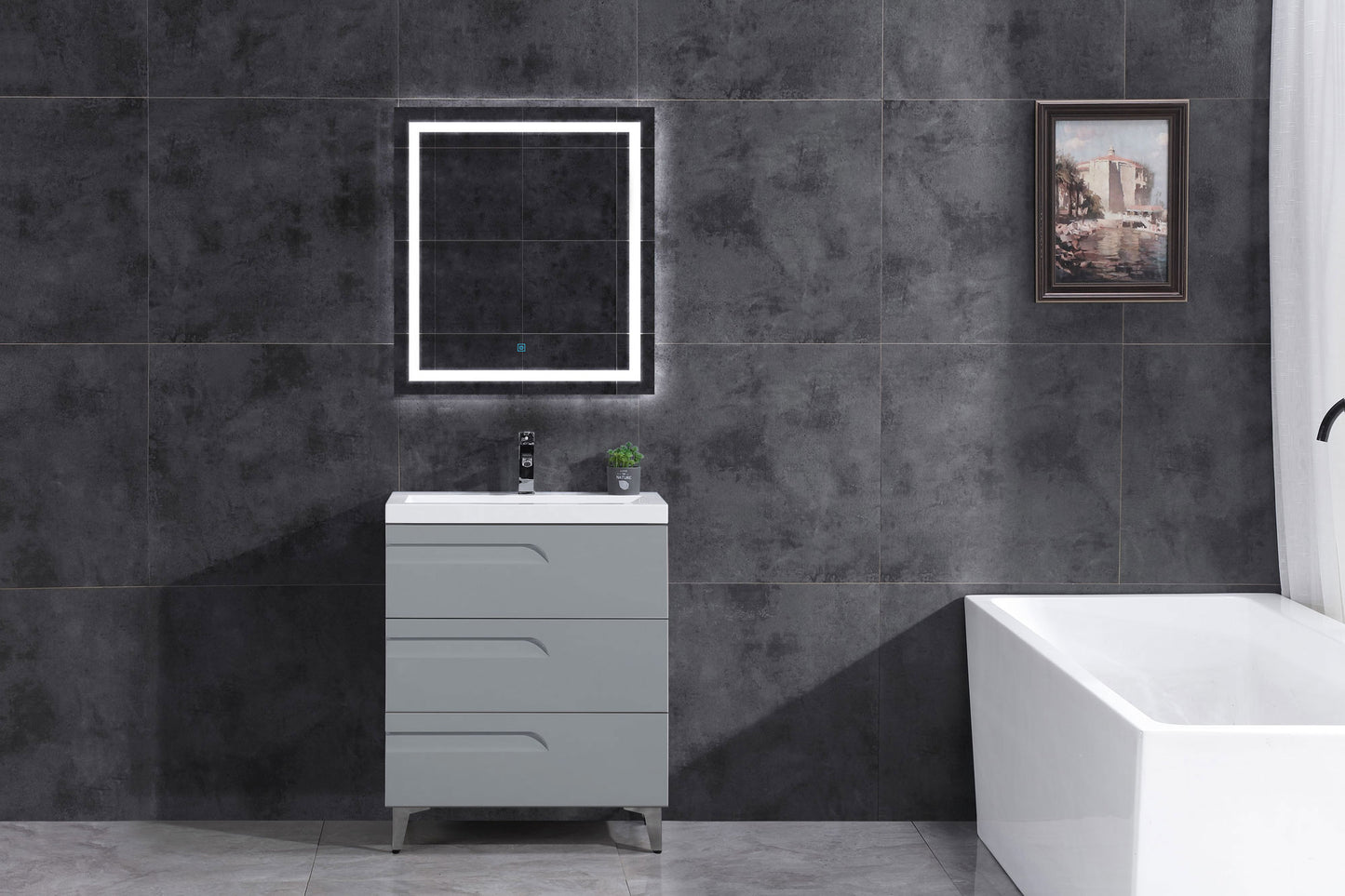 30" Freestanding Single Sink Bathroom Vanity in Gray Gloss with Square Counter Top LV7B-30G