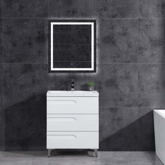 30" Freestanding Single Sink Bathroom Vanity in White Gloss with Square Counter Top LV7B-30W