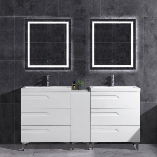 72" Freestanding Vanity Set in White Gloss with Two Square Sinks (LV7-C14B-72W) Style 7