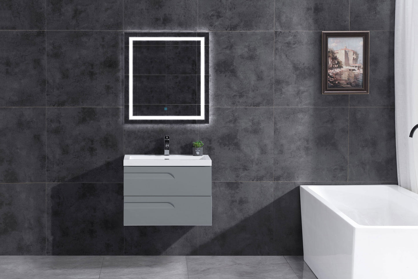 30" Wall Mount Single Sink Bathroom Vanity in Gray Gloss with Square Counter Top LV7W-30G