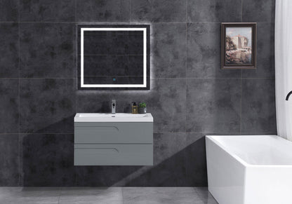 36" Wall Mount Single Sink Bathroom Vanity in Gray Gloss with Square Counter Top LV7W-36G