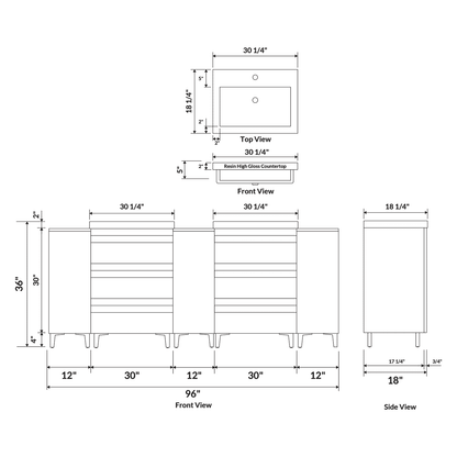 96" W Freestanding White Vanity Set with Two Sinks (LV8-C20B-96W) Style 8