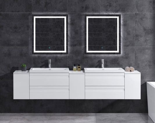 96" W Wall-Mount White Vanity Set with Two Sinks (LV8-C20W-96W) Style 8