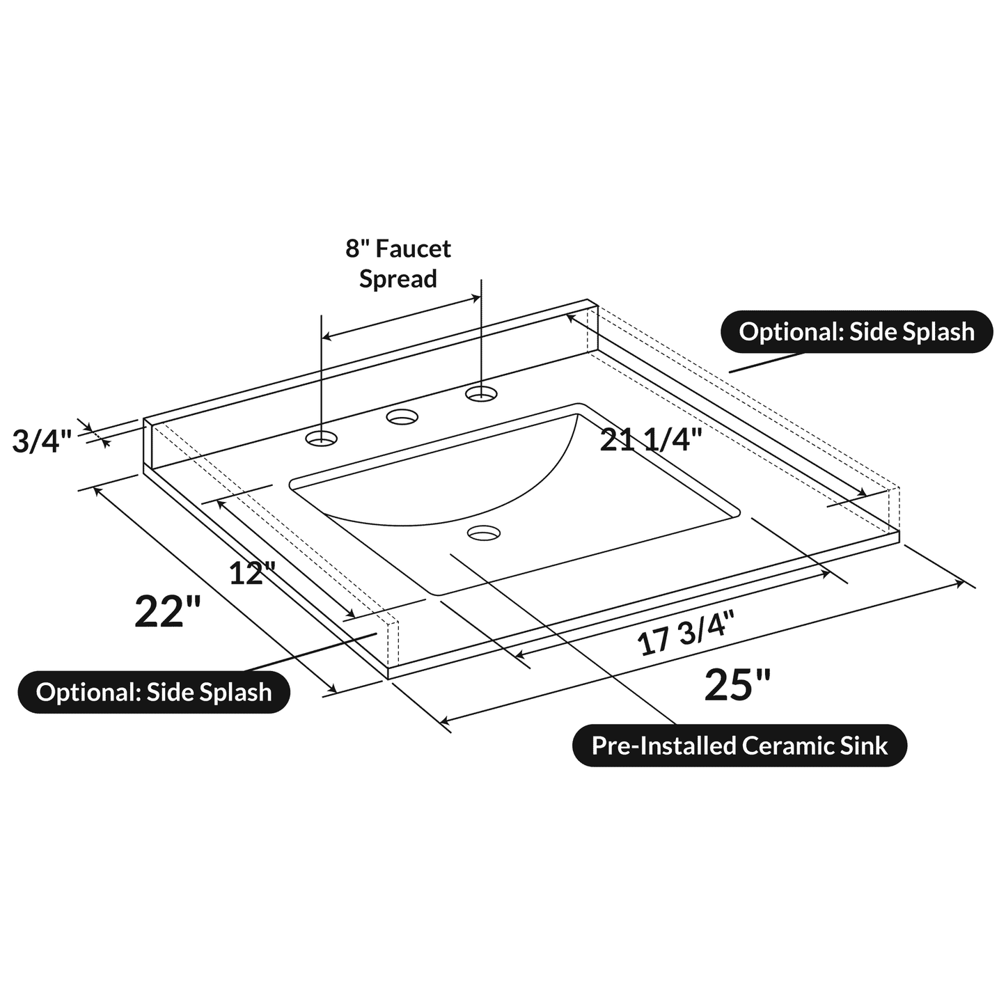 25 W x 22 L Calacatta White Vanity Top with Square Sink - 8 in Faucet Spread