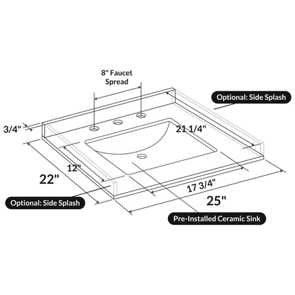 25 W x 22 L Calacatta White Vanity Top with Square Sink - 8 in Faucet Spread