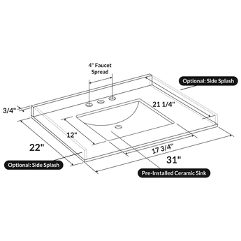 31 W x 22 L Calacatta White Vanity Top with Square Sink - 4 in Faucet Spread