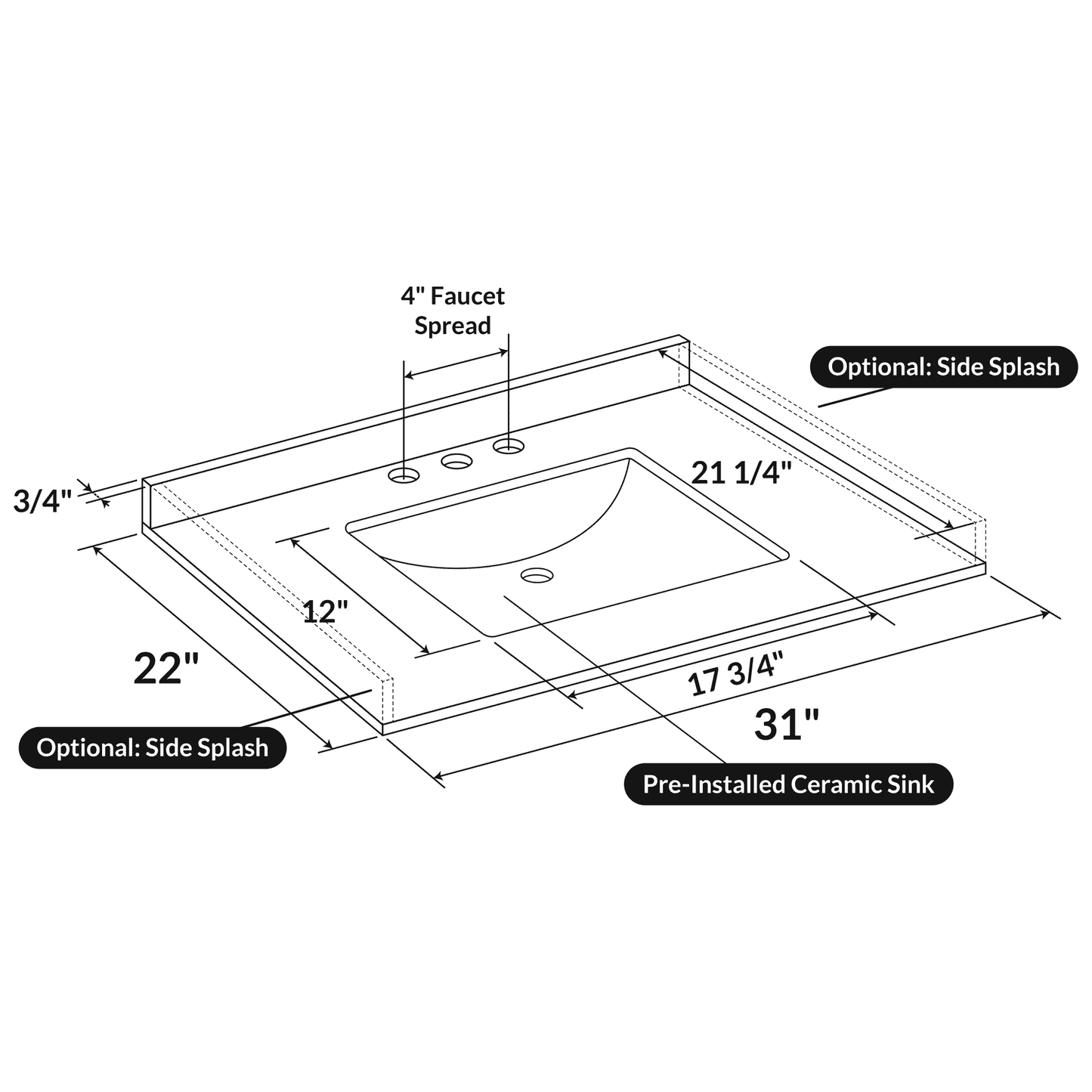 31 W x 22 L Cara White Vanity Top with Square Sink - 4 in Faucet Spread