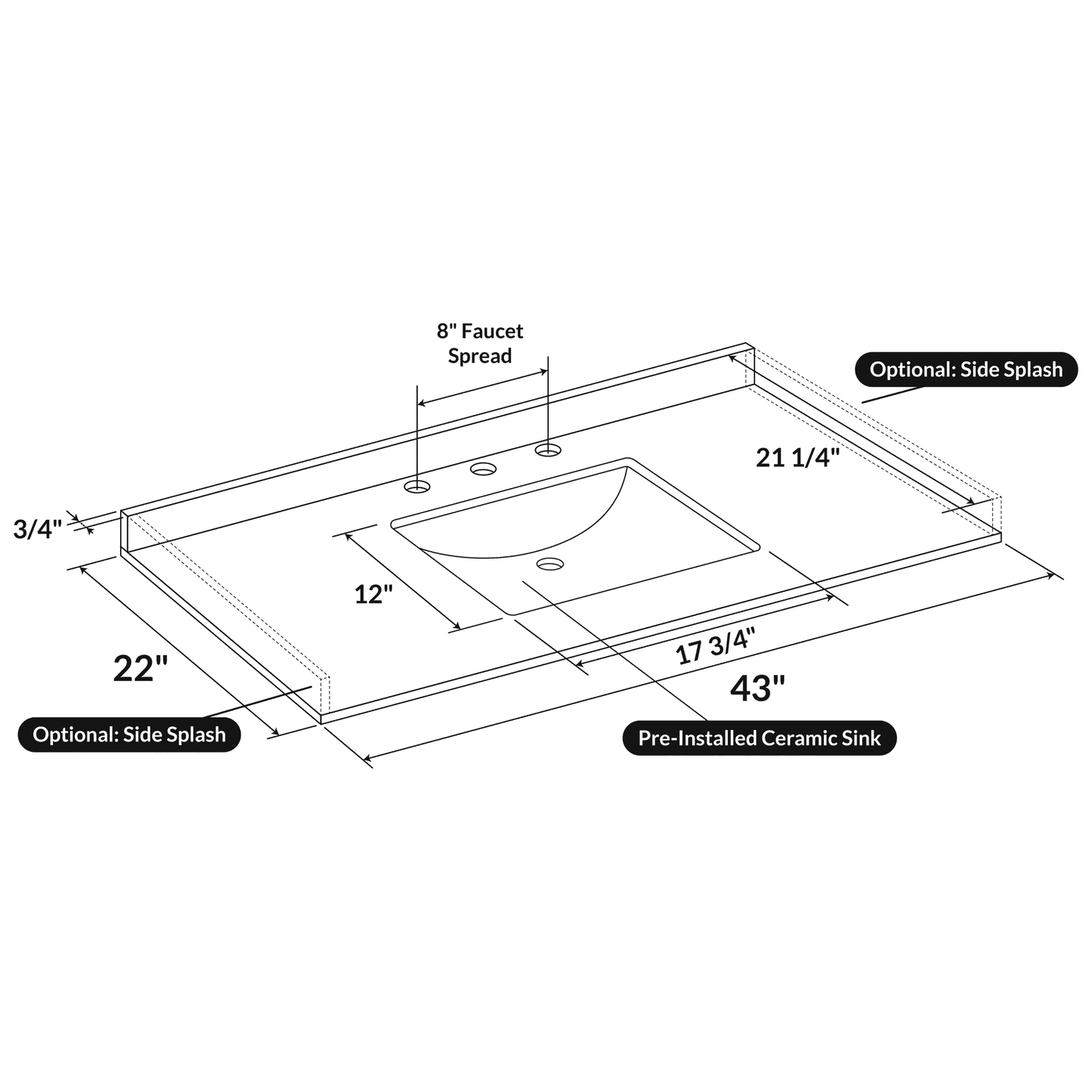 43 W x 22 L Cara White Vanity Top with Square Sink - 8 in Faucet Spread