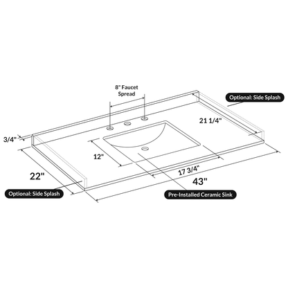 43 W x 22 L Cara White Vanity Top with Square Sink - 8 in Faucet Spread