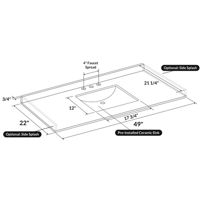 49 W x 22 L Calacatta White Vanity Top with Square Sink - 4 in Faucet Spread